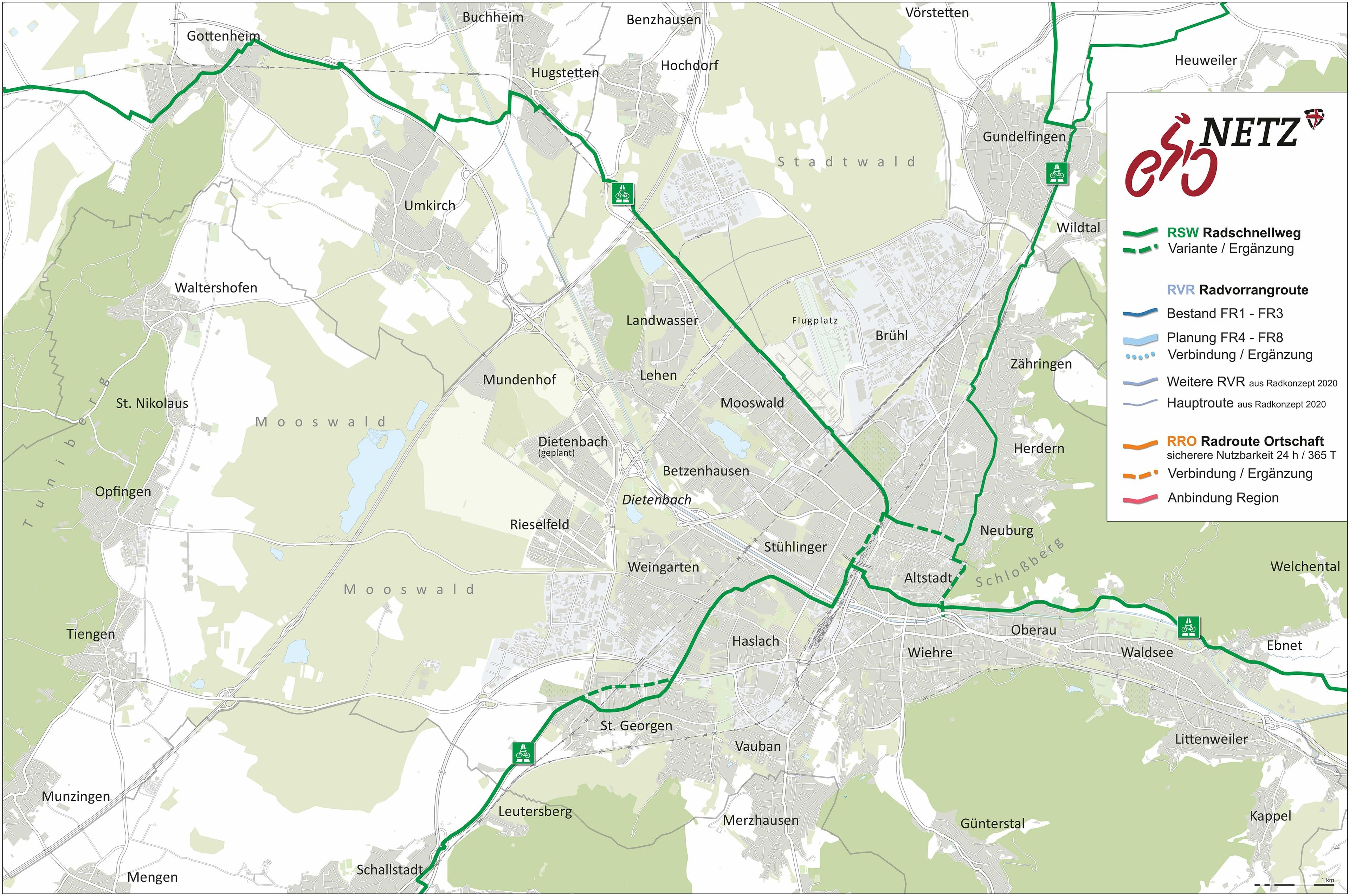 Die vier geplanten Radschnellwege in der Region Freiburg eingezeichnet in eine Karte