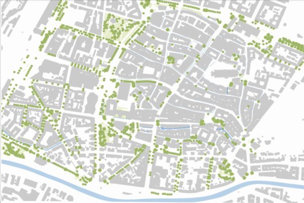 Grünflächen und Bäume auf grau dargestelltem Innenstadt Grundriß 