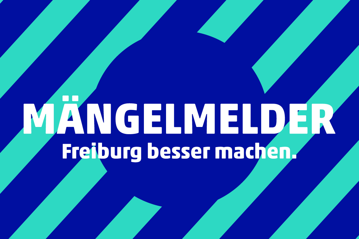 Grafik mit Straeifen in blau und türkis, Text: "Mängelmelder. Freiburg besser machen"