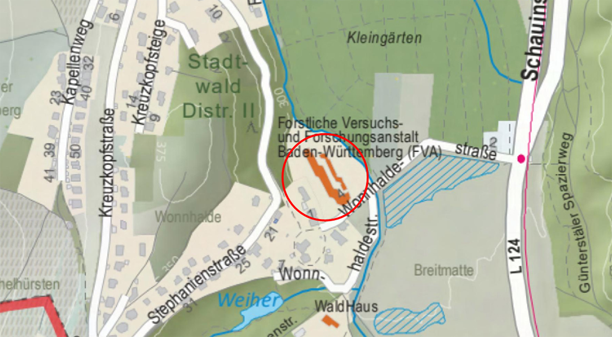 Ausschnitt aus dem Stadtplan: Markiert ist die Forstwirtschaftliche Versuchs- und Forschungsanstalt