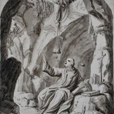 Benedikt in der Höhle, Johann Gfall, um 1775, Federzeichnung, Benediktinerstift St. Paul in Kärnten, Foto: Gerfried Sitar