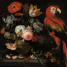 Papagei mit Blumenstillleben, Jacob Marrell, 1660–1680, Öl auf Leinwand, Benediktinerstift St. Paul in Kärnten, Foto: Gerfried Sitar