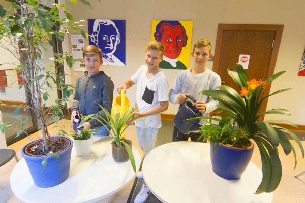 Drei Schüler gießen die Pflanzen in der Schule. (Foto: A. J. Schmidt)