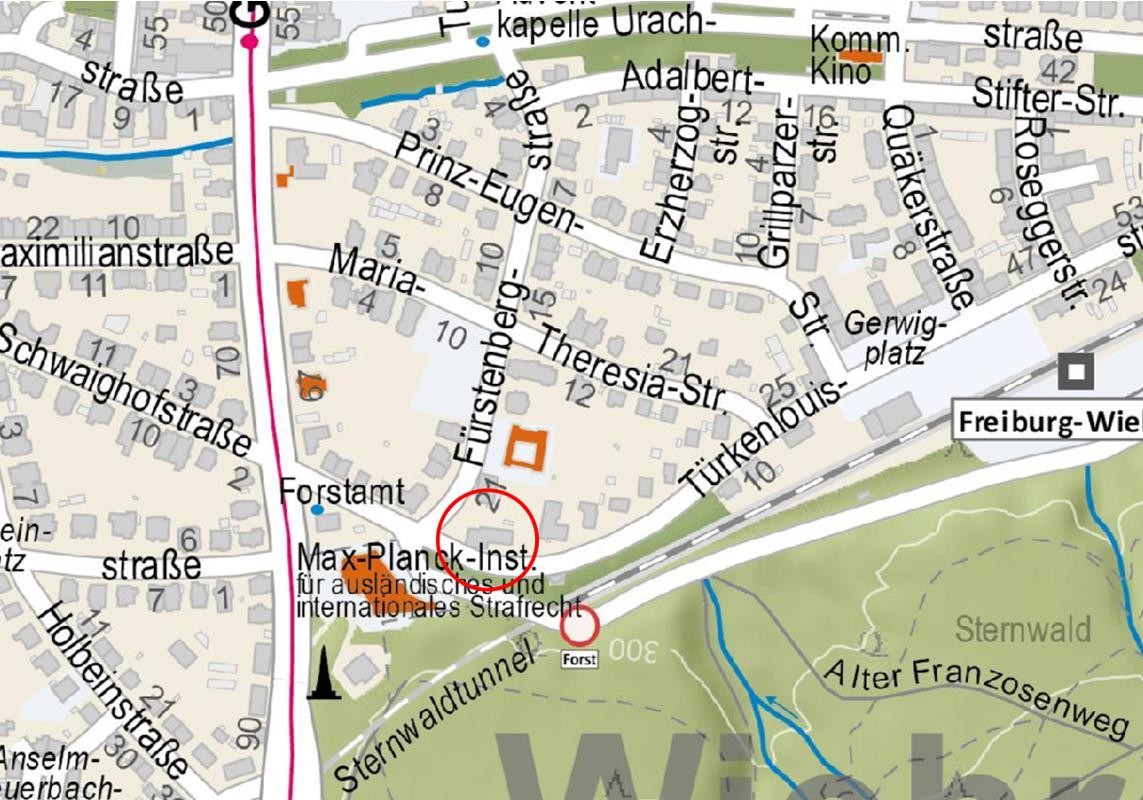 Ausschnitt aus dem Stadtplan: Markiert ist die Fürstenbergstraße 23 am Rande des Sternwaldes