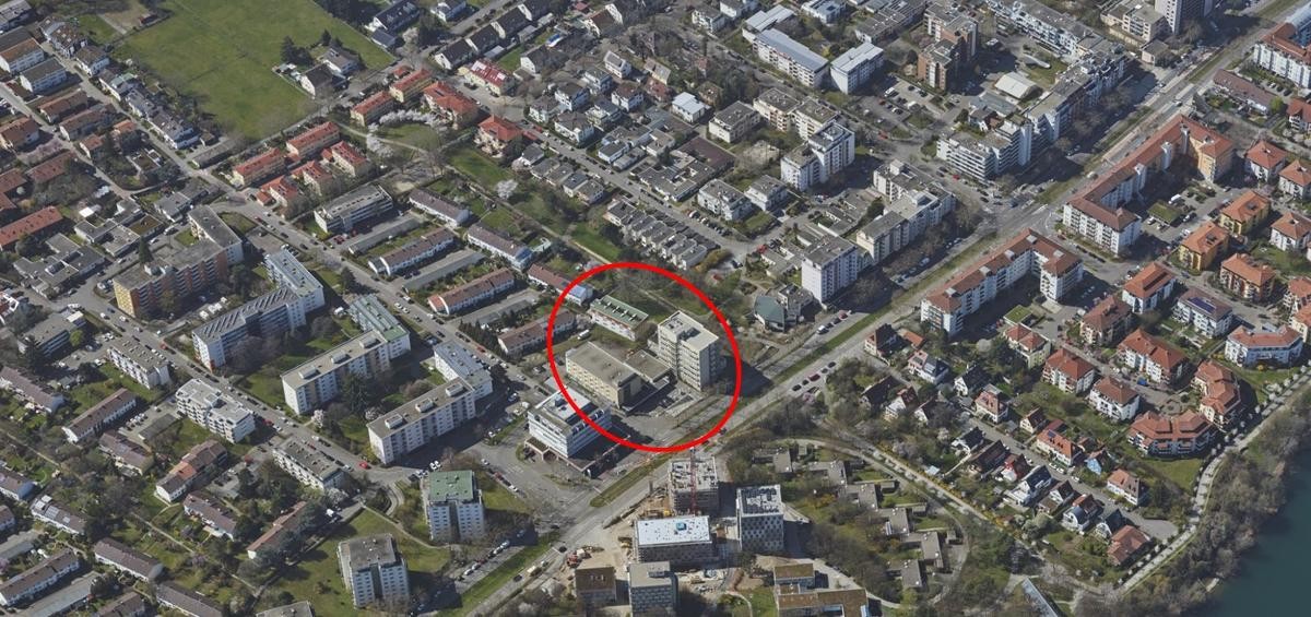 Luftbild: Markiert ist die Bezirksärztekammer Südbaden in der Sundgauallee 27