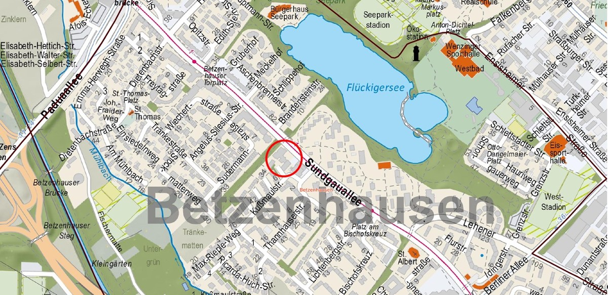 Ausschnitt aus dem Stadtplan: Markiert ist die Bezirksärztekammer Südbaden in der Sundgauallee 27