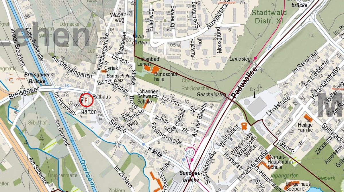 Ausschnitt aus dem Stadtplan: Markiert ist die Breisgauer Straße 61