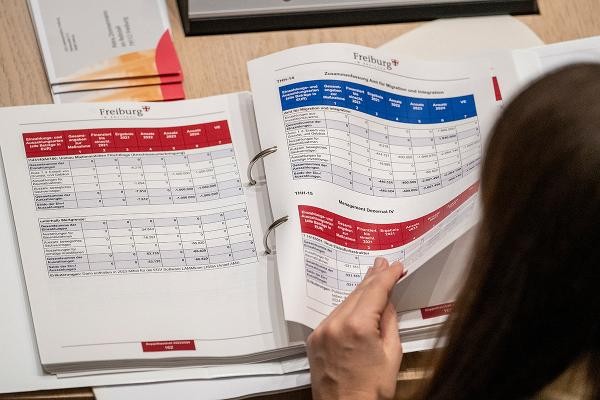 Frau blättert einen Ordner mit sehr vielen Seiten