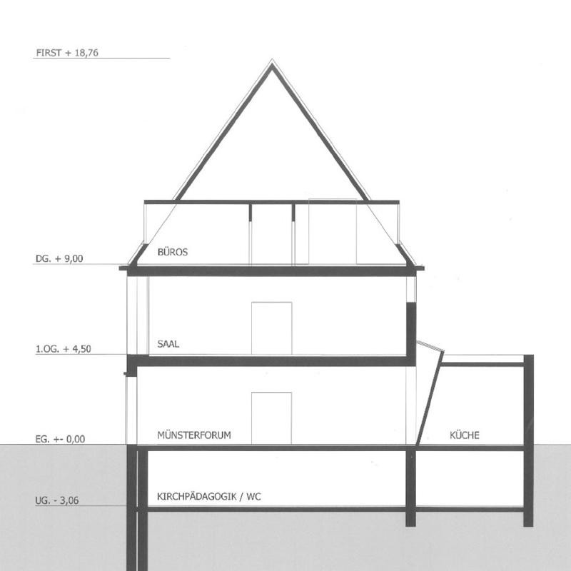 Querschnitt des zweigeschossigen Gebäudes in der Nordansicht.