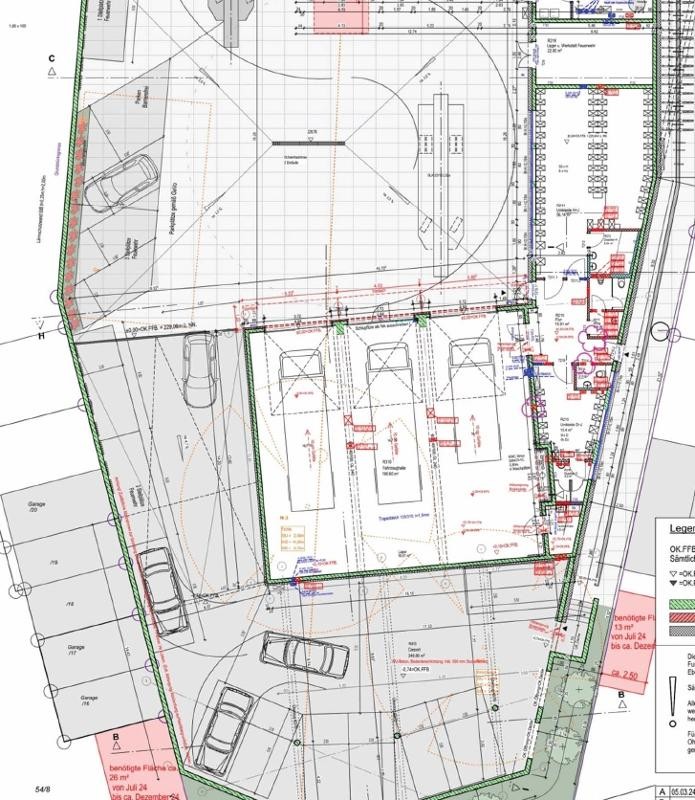 Ansicht Fahrzeughalle und Parkplätze Bild OV Lehen