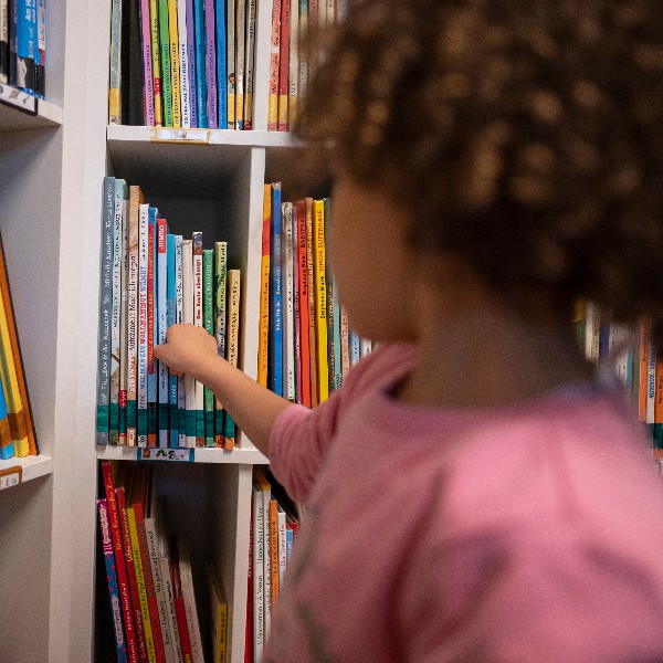 Ein Kind nimmt sich ein Buch aus einem sortierten Bücherregal.