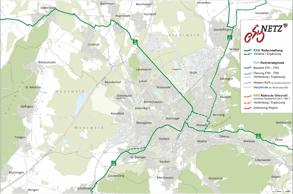 Die vier geplanten Radschnellwege in der Region Freiburg eingezeichnet in eine Karte