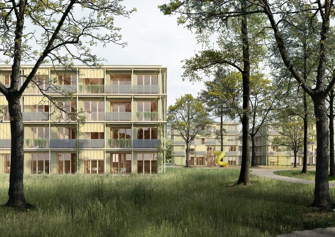 Visualisierung mit Gebäuden und Grünflächen