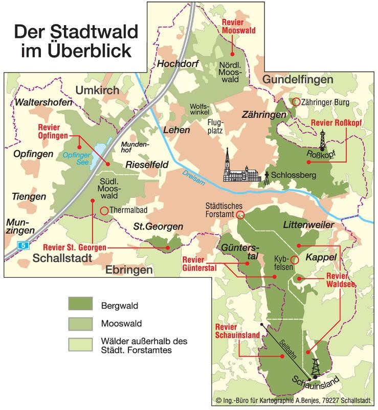 Karte mit den Waldarten und Forstrevieren im Überblick