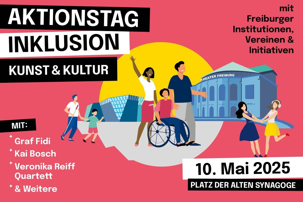 Grafische Darstellung zum Aktionstag Inklusion Kunst und Kultur - In der Mitte stehen zwei Personen zusammen mit einer Person im Rollstuhl . Im Hintergrund das Theater Freiburg und die Unibibliothek grafisch dargestellt. Links ist eine Person mit Taststock und einem Kind in der Hand. Rechts im Bild sind zwei tanzende Personen, eine davon hat einen Kopfhörer auf auf.