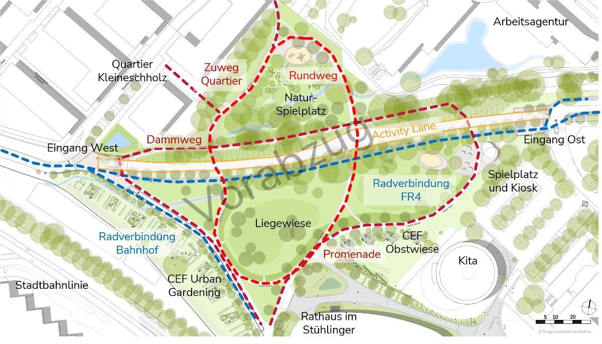 Vorabzug der Wegbeziehungen im neuen Park.