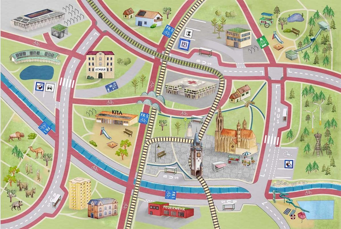 Freiburger Spielteppich mit Stadtion, Münster und anderen Gebäuden