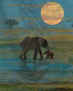 Ein großer und ein kleiner Elefant stehen an einer Wasserstelle.