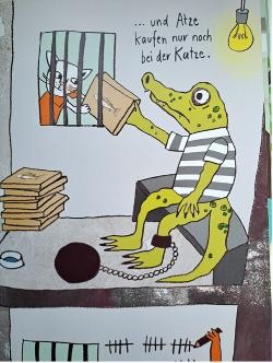 Ein Krokodil sitzt angekettet im Gefängnis.