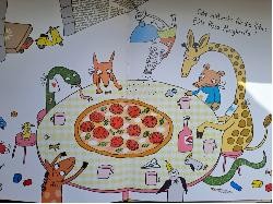 Mehrere Tiere sitzen um einen Tisch und essen gemeinsam Pizza.