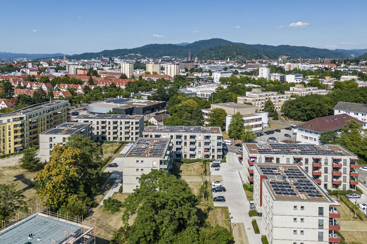 Luftbild mit großen Dächern von Gewerbebetrieben und grünen Bereichen