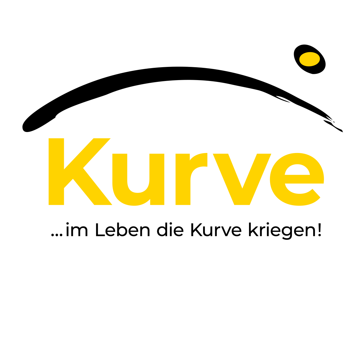 Firmenlogo Kurve gGmbH; oben rechts schwarz-gelber Punkt, darunter schwarzer Bogen, darunter Schriftzug "Kurve ... im Leben die Kurve kriegen"