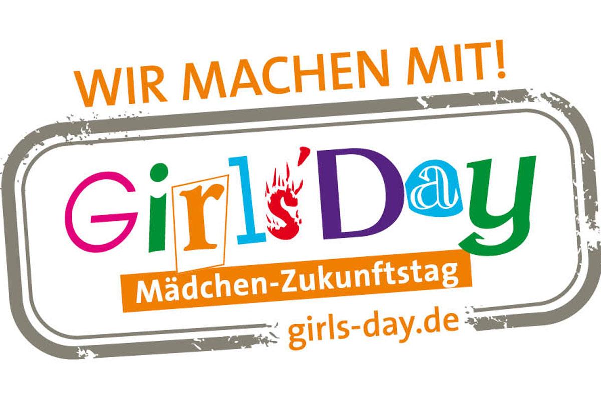 Logo des Girls'Day. Text: Wir machen mit! Girls'Day Mädchen-Zukunftstag.