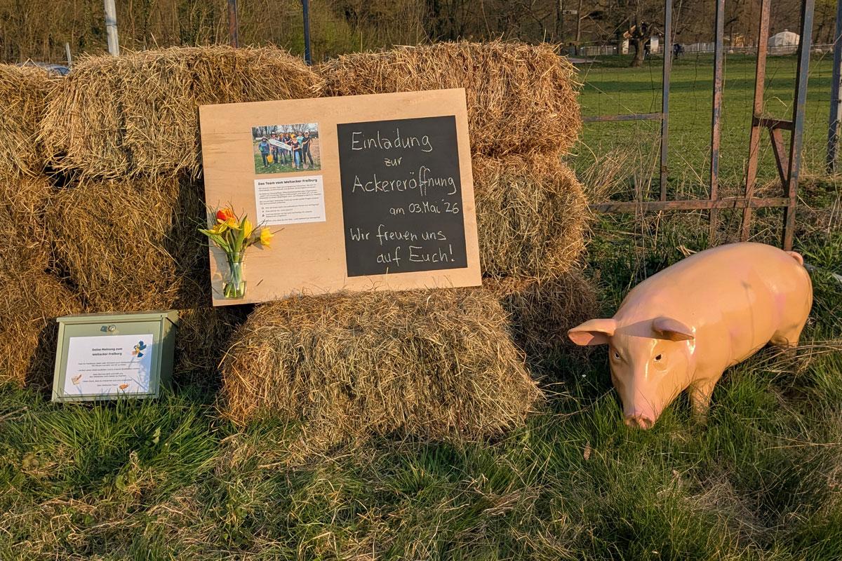 Strohballen und Tafel mit Begrüßungstext zur Eröffnung des Weltackers