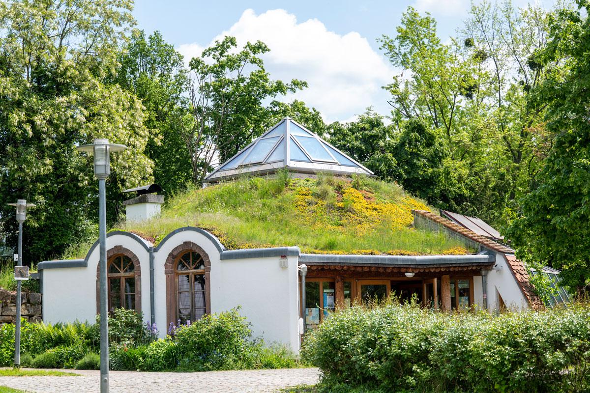 Die Ökostation mit grasbewachsenem Dach