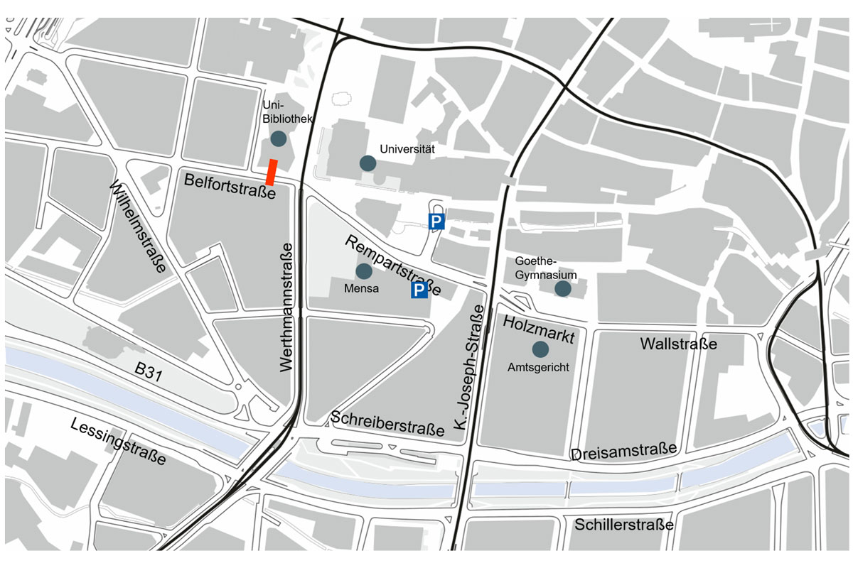 Karte: Bereich Rempartstraße mit Einzeichnungen wie in Überschrift