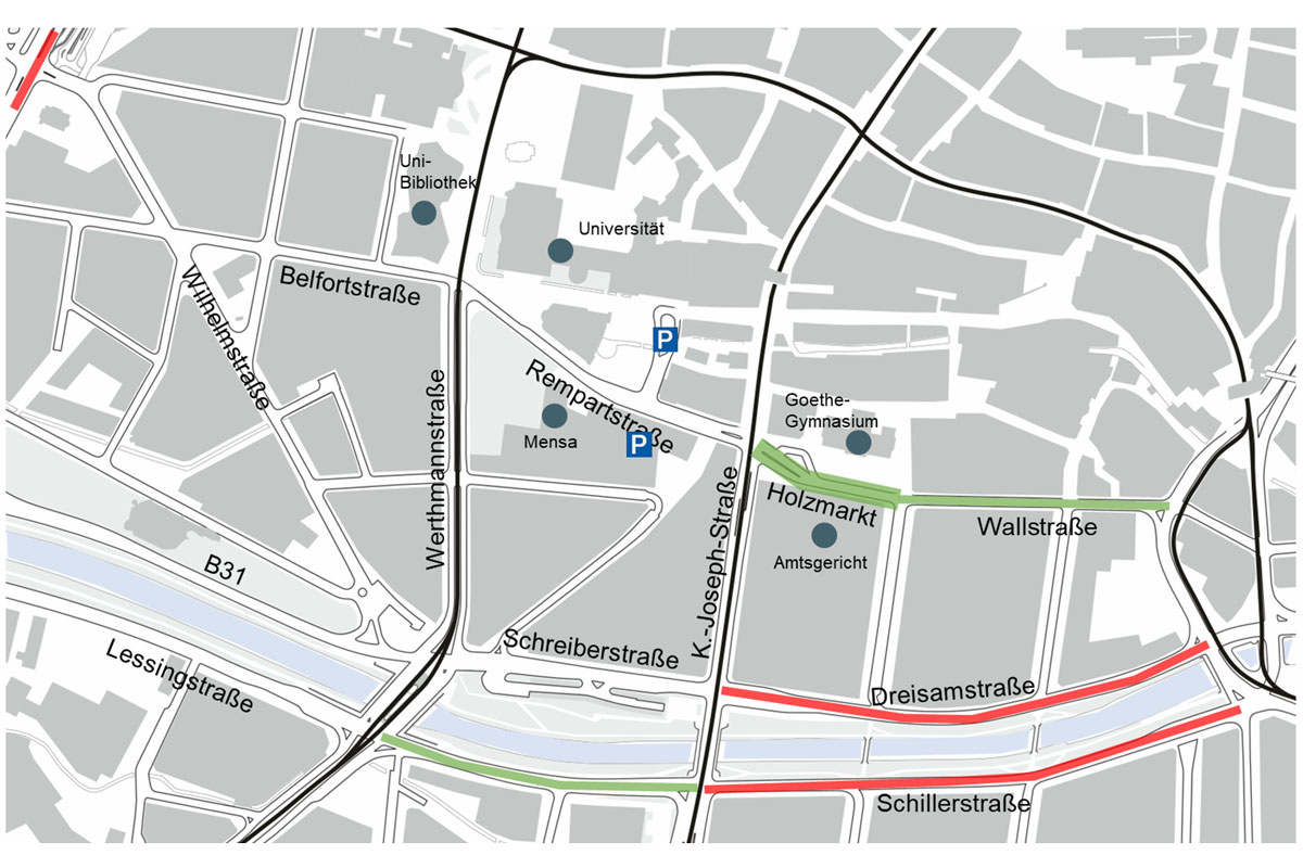 Karte: Bereich Rempartstraße mit Einzeichnungen wie in Überschrift