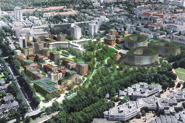 Visualisierung eines bunten Stadtteils mit Park von schräg oben