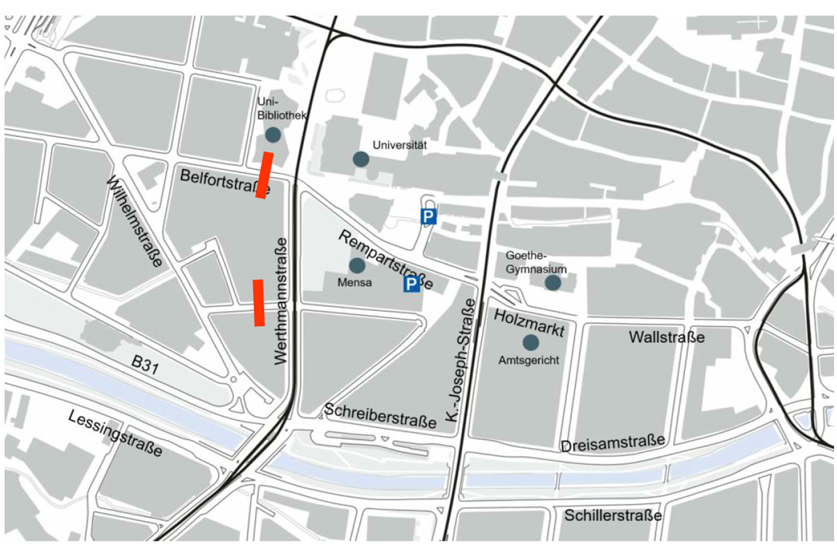 Karte: Bereich Rempartstraße mit Einzeichnungen wie in Überschrift