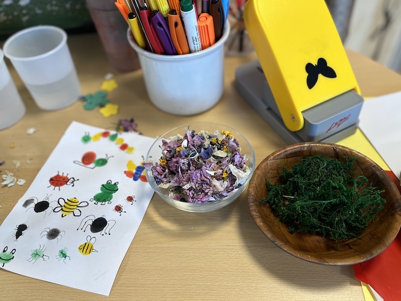 Zum Verzieren der Blumenwiese stehen getrocknete Blüten, Gräser und Stempel bereit.
