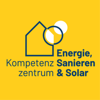 Logo Haus auf gelbem Hintergrund "Kompetenzzentrum Energie, Sanieren & Solar"