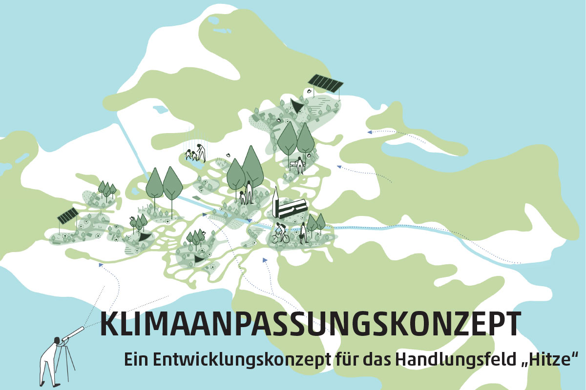 Cover des Klimaanpassungskonzepts mit stilisierter Themendarstellung auf der Stadtkarte