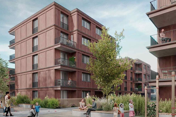 Konzeptstudie für die Neuentwicklung des Elefantenweg, dort baut die Freiburger Stadtbau insgesamt 93 Wohnungen in vier Gebäuden.