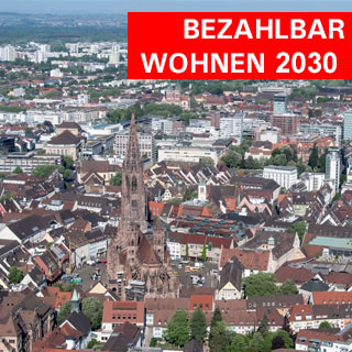 Stadtansicht mit Münster und Schriftzug "Bezahlbar Wohnen 2030"