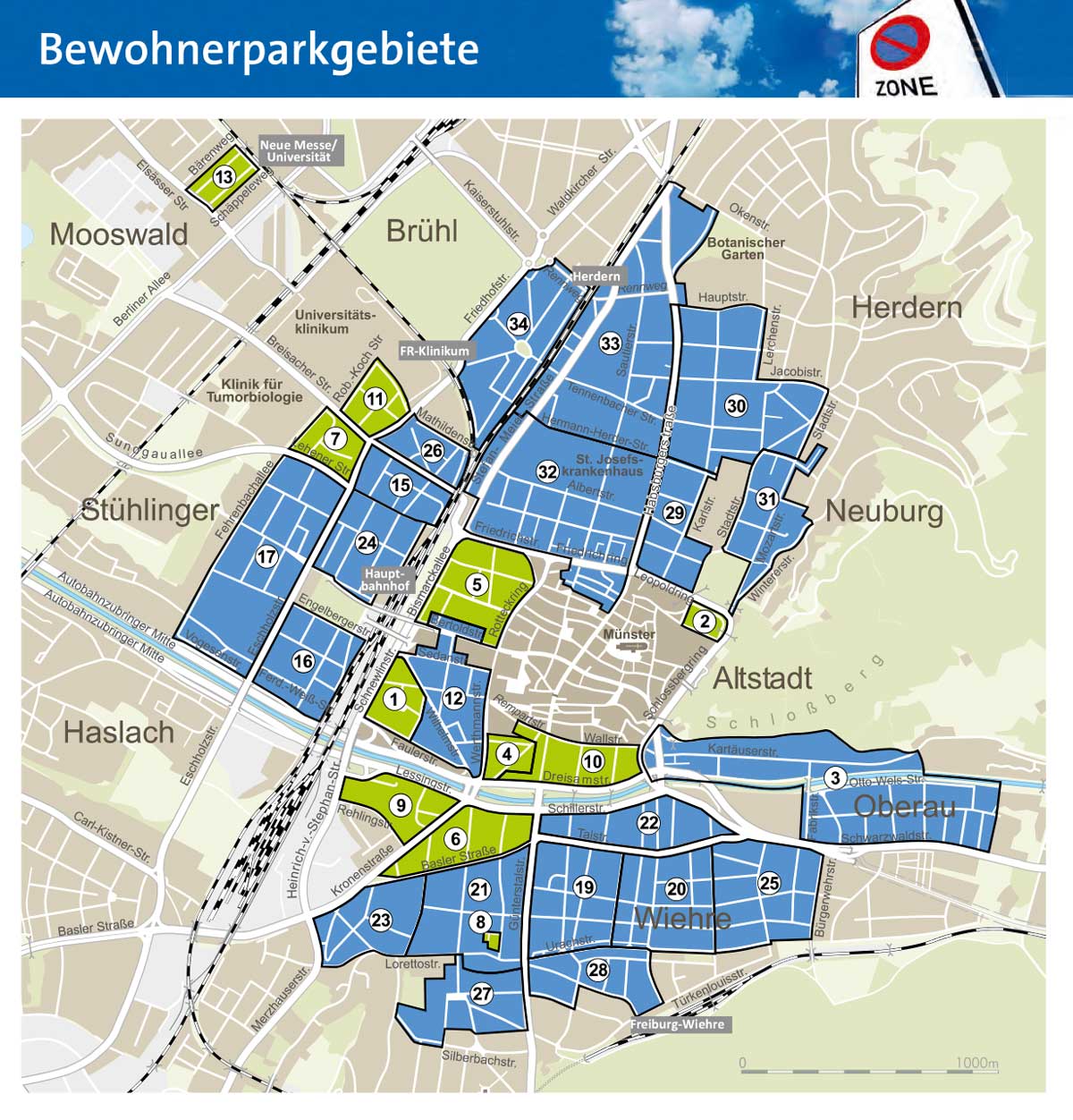 Karte mit den Parkzonen der Stadt Freiburg