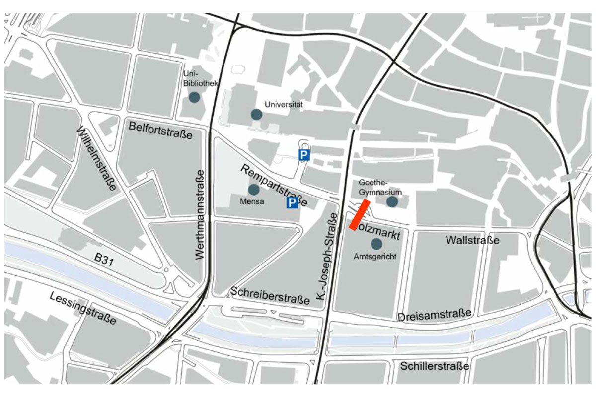 Karte: Bereich Rempartstraße mit Einzeichnungen wie in Überschrift