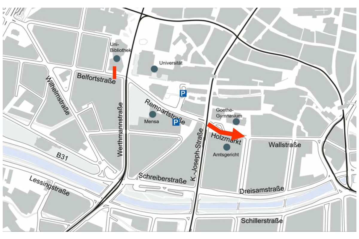 Karte: Bereich Rempartstraße mit Einzeichnungen wie in Überschrift