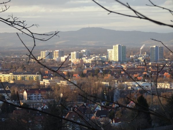 Blick auf eine bebaute Stadt mit Bergen im Hintergrund