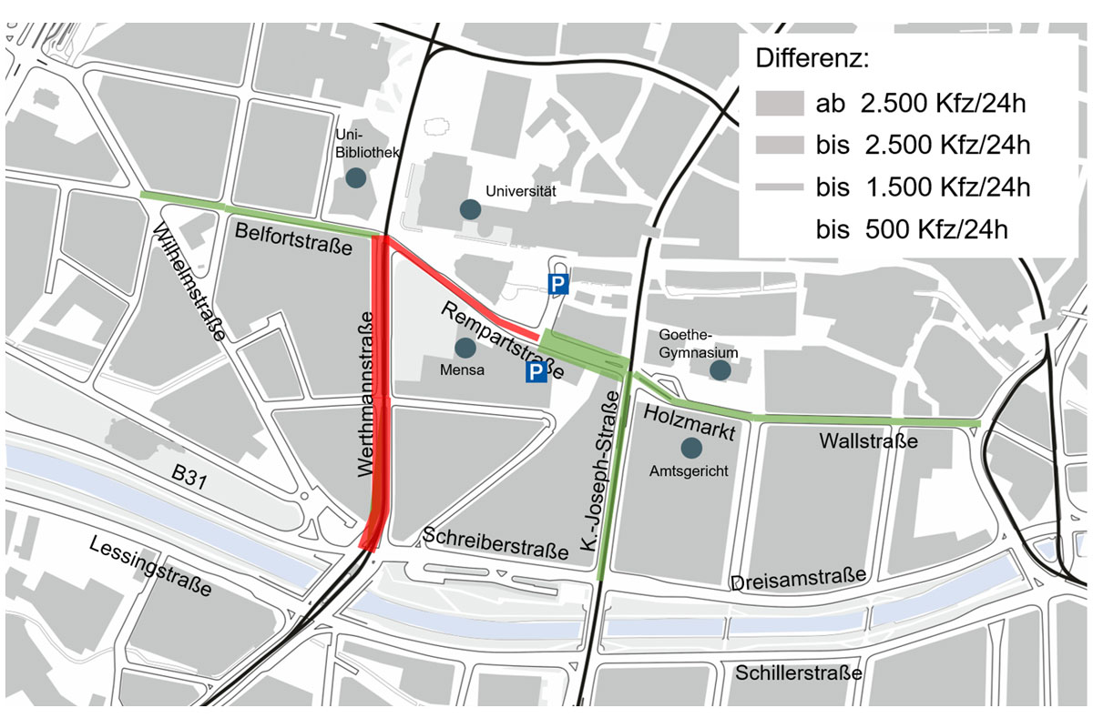 Karte: Bereich Rempartstraße mit Einzeichnungen wie in Überschrift