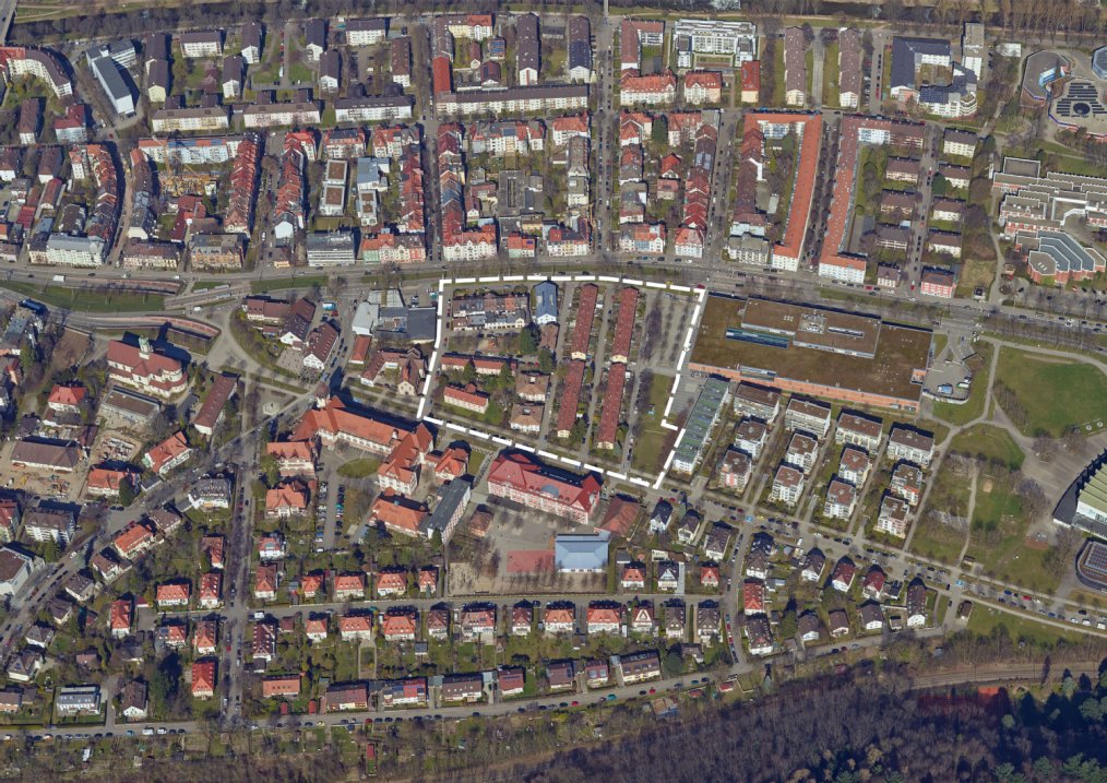 Abgrenzung Sanierungsgebiet Knopfhäusle-Siedlung Luftbild mit eingezeichneter Abgrenzung des Sanierungsgebiets