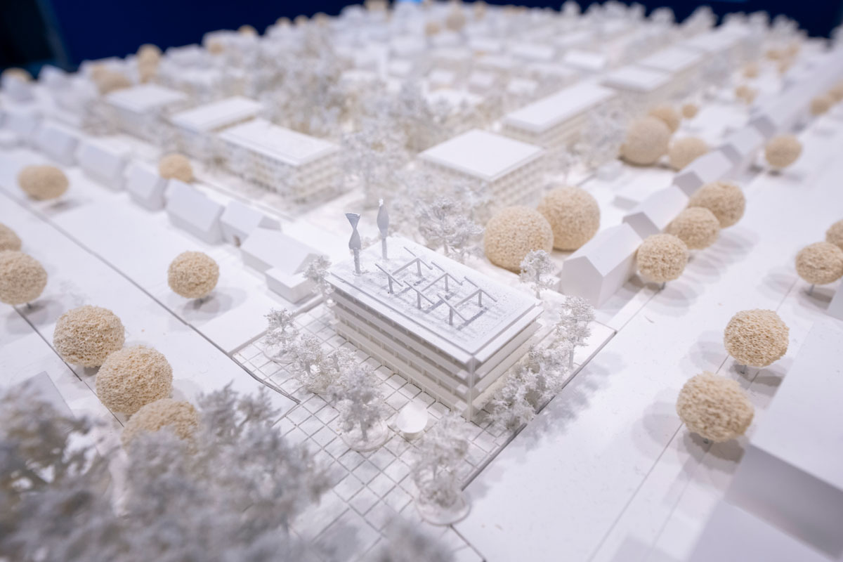 Modelldarstellung von Mooswald Mitte mit Häusern, Bäumen und Straßen