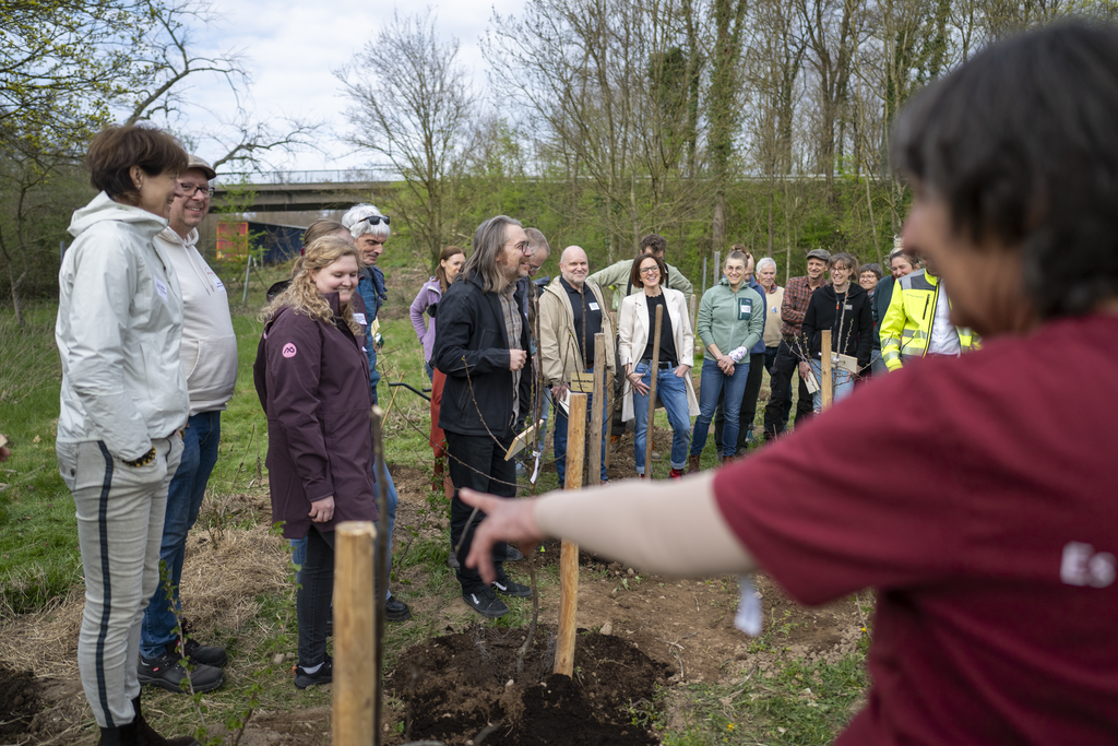 Eine Mitarbeiterin des Weltacker Freiburg e.V. erklärt einer Gruppe die Pflanzung