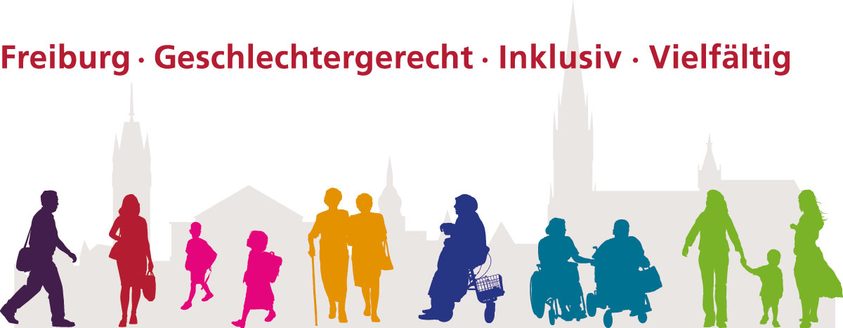 Grafik mit unterschiedlichen Menschen vor der stilisierten Skyline Freiburgs