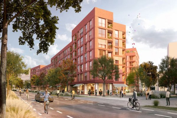 Luftbild mit dem vorhanden Wohngebiet und der geplanten Bebauung als Visualisierung