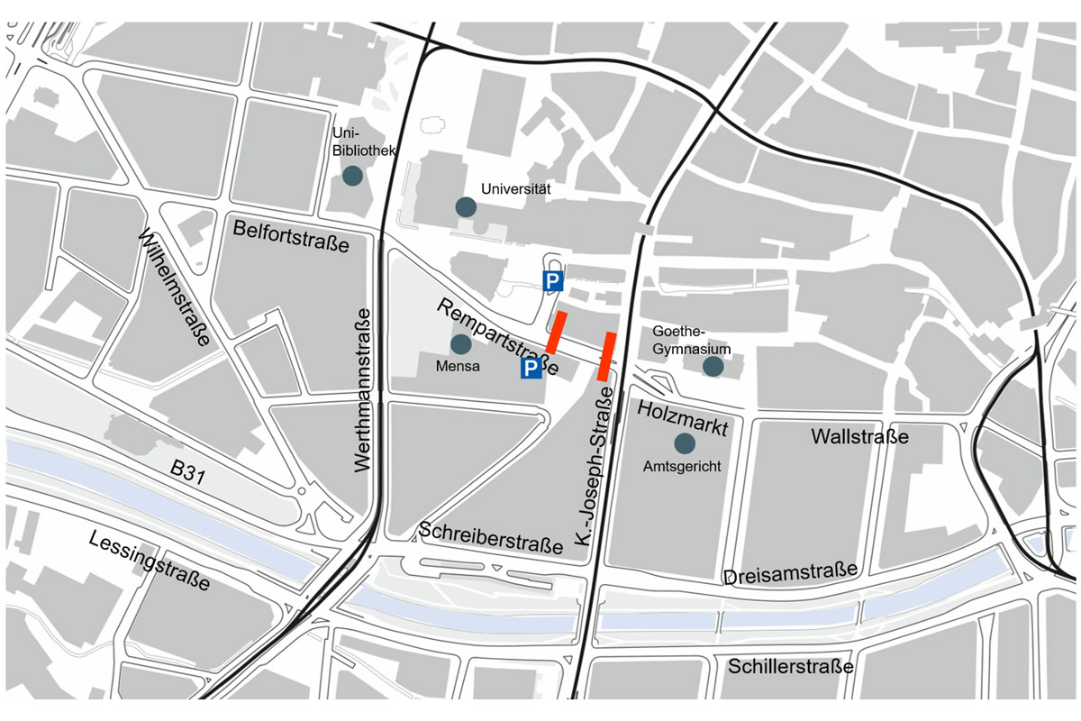Karte: Bereich Rempartstraße mit Einzeichnungen wie in Überschrift