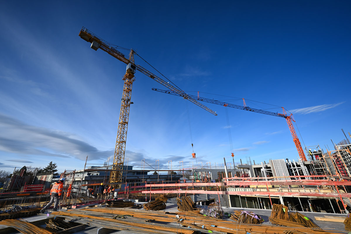 Zwei Baukräne auf einer Großbaustelle, dahinter blauer Himmel